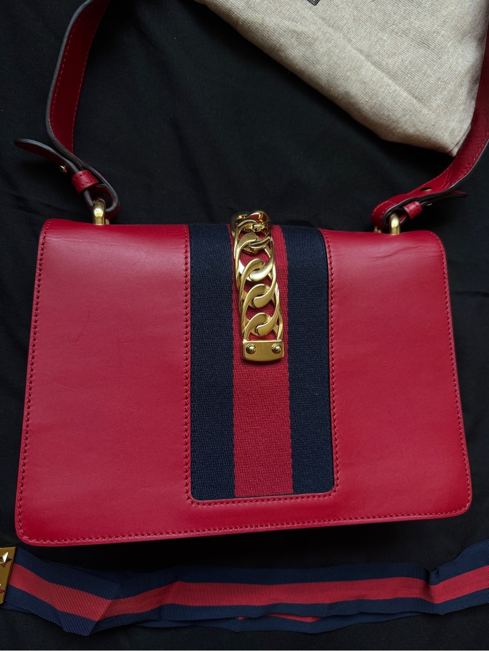 Gucci Sylvie Red Medium Leather Chain-Accent Crossbody Bag with Navy Stripe - Picture 4 of 14